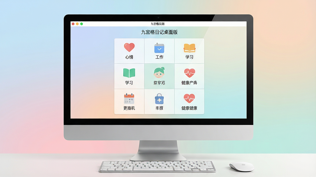 主体:软件主界面展示在电脑屏幕上,屏幕中央是一个清晰的九宫格布局,每个格子中显示不同的图标和简短文字,如心情、工作、学习、健康等;布局:电脑屏幕占画面主体,周围有柔和的渐变背景,屏幕下方有键盘和鼠标;排版:九宫格在屏幕中居中,四周留白,顶部显示软件名称“九宫格日记桌面版”;风格:现代简约,浅色系配色,扁平化设计,画面干净明亮;细节:每个格子内文字清晰可辨,屏幕边缘有轻微反光,整体质感细腻;画质:高清,干净,无多余元素。