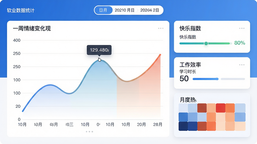 主体:软件数据统计页面,展示一周的情绪变化折线图和月度热力图;布局:图表占据画面左侧,右侧为数据摘要卡片,包括“快乐指数”、“工作效率”、“学习时长”等;排版:图表线条流畅,颜色渐变,热力图格子颜色深浅不一,顶部有日期切换按钮;风格:商务简约,蓝白配色,数据可视化风格;细节:图表坐标轴标签清晰,鼠标悬停显示具体数值,整体专业感强;画质:高清,干净,无多余元素。