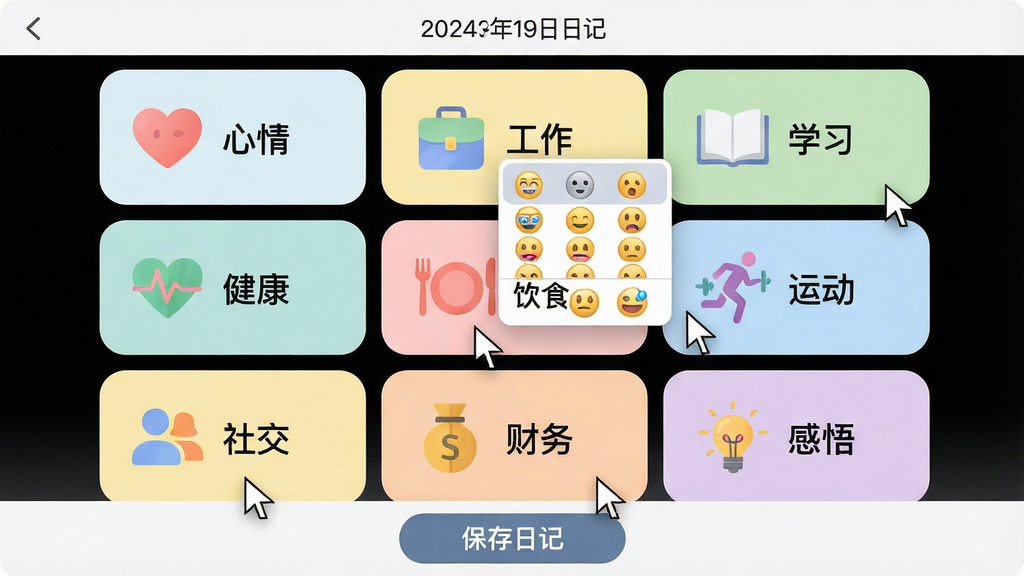 主体:软件九宫格编辑界面,九个格子分别标注“心情”、“工作”、“学习”、“健康”、“饮食”、“运动”、“社交”、“财务”、“感悟”;布局:九个格子均匀排列在画面中央,每个格子内有对应的彩色图标,鼠标悬停在“心情”格子上显示下拉表情选项;排版:格子间距适中,底部有“保存日记”按钮,顶部有日期显示;风格:清新淡雅,马卡龙色系,圆角矩形设计;细节:鼠标指针清晰可见,表情选项丰富多样,画面整体和谐统一;画质:高清,干净,无多余元素。