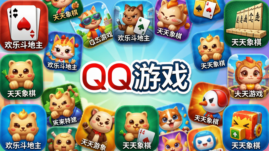 主体:QQ游戏大厅展示多款游戏图标的拼贴画面。布局:中央为“QQ游戏”Logo,四周环绕各类游戏图标。排版:图标大小错落有致,主次分明。风格:活力动感,色彩丰富。细节:图标下方标注游戏名称,如“欢乐斗地主”“天天象棋”。画质:高清渲染,明亮通透,无多余元素。