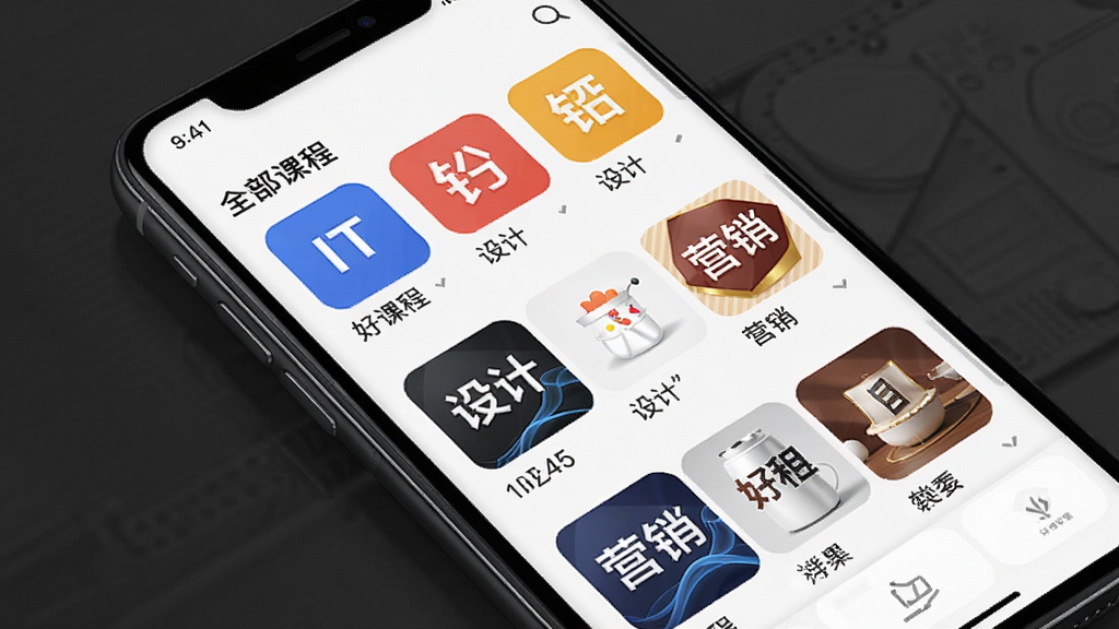 展示“好哇学堂”APP课程分类界面的高清截图风格图片,主体是手机屏幕,屏幕上显示“全部课程”列表,包含IT、设计、营销等分类图标,布局为上下滑动式,排版整齐,风格写实,细节突出课程封面缩略图,画质清晰干净,无多余元素