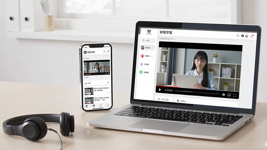 手机与电脑并排展示“好哇学堂”学习界面的场景图,主体是两部手机和一台笔记本电脑,屏幕上显示课程视频播放画面,布局为L型摆放,风格写实,细节包含耳机和笔记本,画质干净明亮,无多余元素