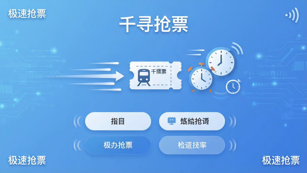 主体:千寻抢票软件主界面展示,背景为淡蓝色科技感渐变,界面中央显示“千寻抢票”字样与火车票图标,周围有速度线条和时钟元素。布局:界面居中,上方为软件名称,下方为功能按钮排列,左右对称。排版:简洁清晰,按钮间距均匀,文字大小分明。风格:现代扁平化设计,带有微动效感。细节:界面角落有“极速抢票”字样和网络信号标识。画质:高清渲染,干净,无多余元素。