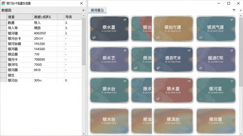 银河台卡批量生成器软件界面中,左侧为数据表格导入区域,右侧为多张卡片实时预览,卡片排列整齐,字体清晰,风格扁平化,布局合理,细节丰富,画质干净,无多余元素