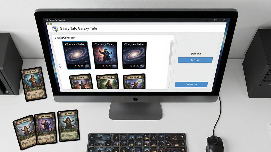 一张电脑屏幕前摆放着多张精美桌游卡牌的俯视图,屏幕中显示银河台卡批量生成器软件界面,界面包含卡片预览区和批量导出按钮,布局清晰,排版整齐,风格写实,细节丰富,画质高清干净,无多余元素