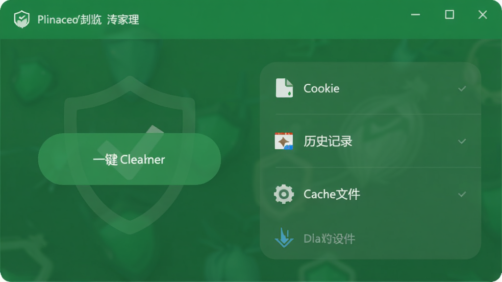 洋葱浏览器的隐私清理功能界面,显示一键清除按钮,旁边列出Cookie、历史记录、缓存文件等项,界面采用绿色安全色调,布局简洁,排版清晰,风格清新,细节到位,画质干净,无多余元素