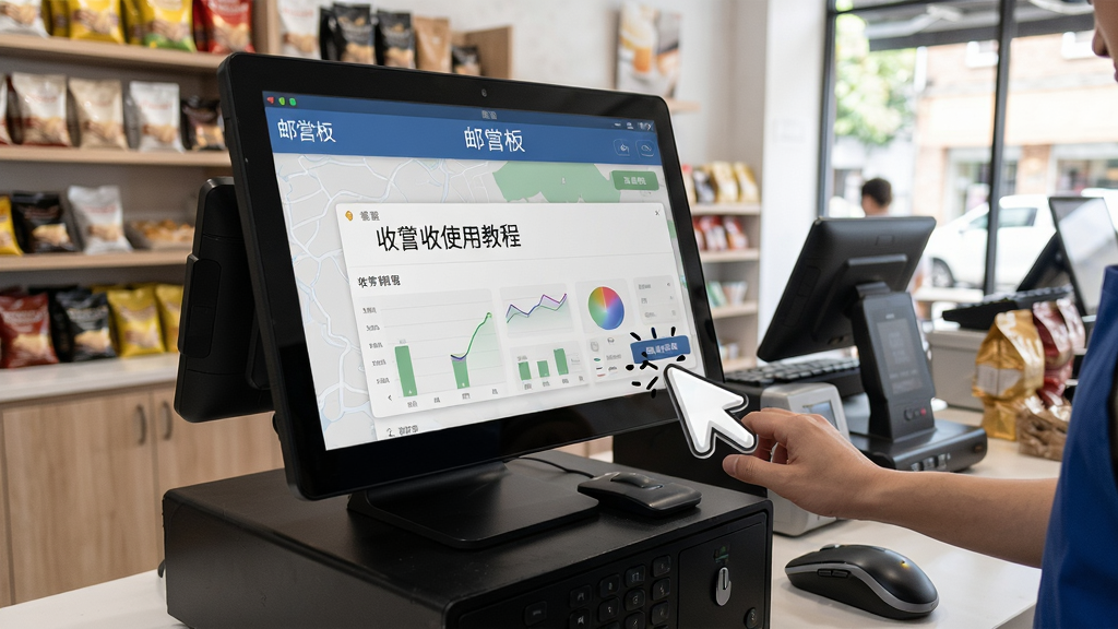 邮掌柜使用教程操作界面,展示电脑端收银台操作流程,有鼠标点击动作,背景为店铺环境,风格真实,画质清晰,无多余元素