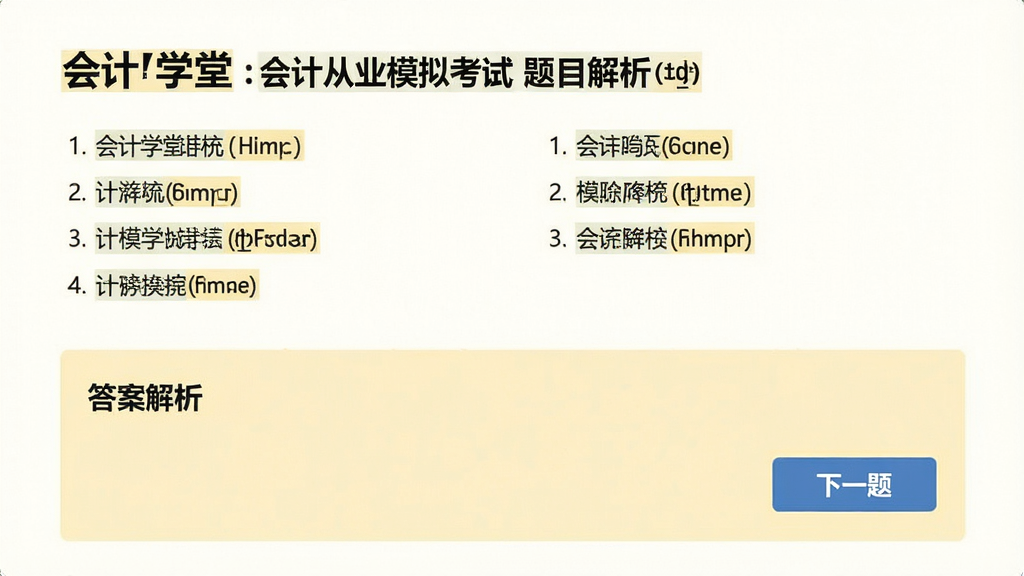 会计学堂会计从业模拟考试题目解析页面,上方为题干与选项,下方为答案解析区域,背景为淡黄色,布局清晰,排版有序,简洁明快风格,细节包括高亮关键词和“下一题”按钮,画质干净,无多余元素