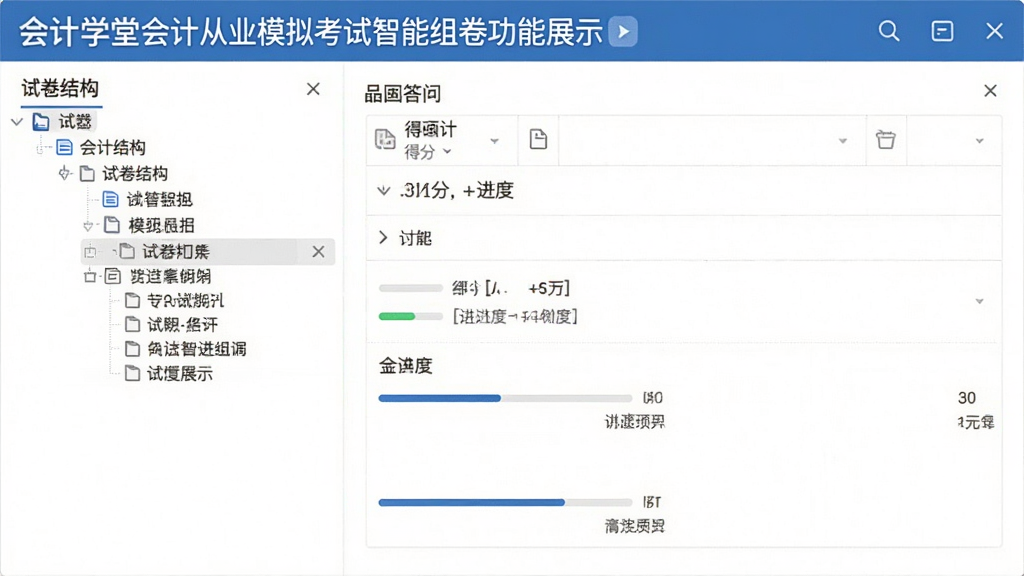 会计学堂会计从业模拟考试智能组卷功能展示,界面左侧为试卷结构树,右侧为答题卡区域,背景为白色,布局对称,排版整齐,商务简约风格,细节包括进度条和得分统计,画质清晰,无多余元素