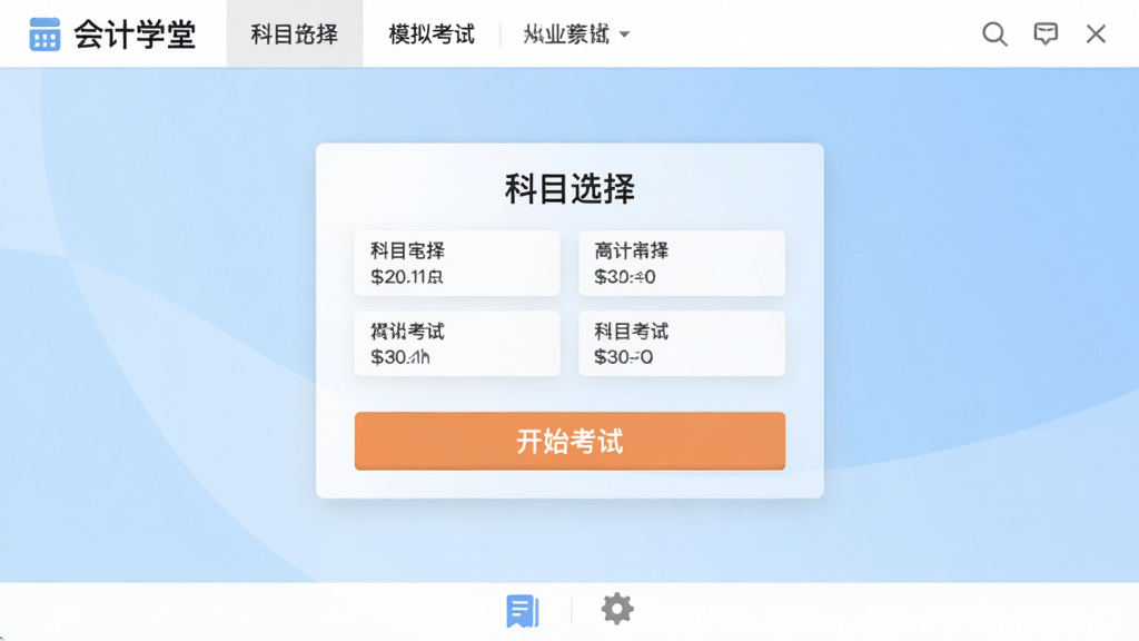 会计学堂会计从业模拟考试主界面预览,画面中央显示科目选择卡片与“开始考试”按钮,背景为浅蓝色渐变,布局整洁,排版清晰,扁平化设计风格,细节包括顶部导航栏和底部功能图标,画质干净,无多余元素