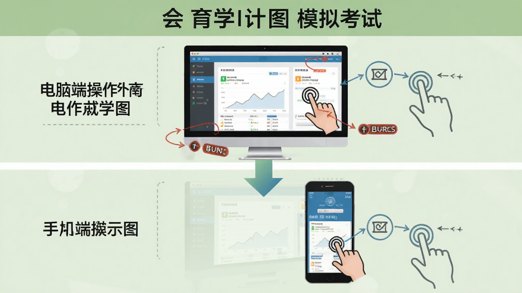 会计学堂会计从业模拟考试使用指南示意图,画面分为上下两部分,上方为电脑端操作界面,下方为手机端操作界面,中间用箭头连接,背景为浅绿色,布局对比明显,排版清晰,教育风格,细节包括快捷键标注和触控手势,画质干净,无多余元素