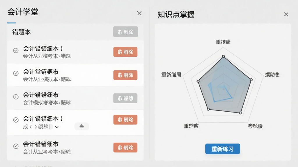 会计学堂会计从业模拟考试错题本界面,左侧为错题列表,右侧为知识点掌握雷达图,背景为浅灰色,布局分栏,排版规整,现代简约风格,细节包括删除按钮和“重新练习”选项,画质干净,无多余元素