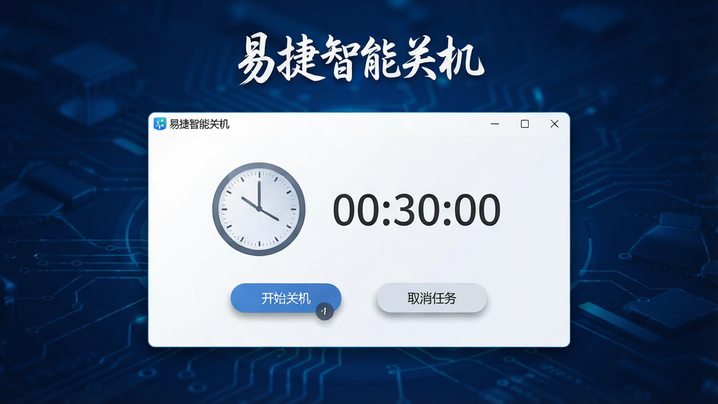 画面主体为“易捷智能关机”软件主界面悬浮在深蓝色科技感背景中央,界面简洁明亮,上方显示“易捷智能关机”白色艺术字LOGO,主界面包含圆形时钟图标、倒计时数字“00:30:00”以及“开始关机”“取消任务”两个按钮,布局居中对称,排版清爽,风格扁平化结合微质感,细节包括按钮悬停阴影、时钟刻度纹理,画质高清通透,干净无多余元素。