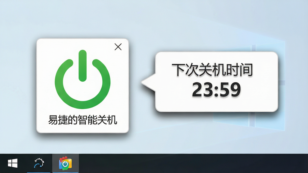 画面主体为“易捷智能关机”软件在Windows任务栏托盘区的图标放大图,旁边悬浮气泡提示框显示“下次关机时间 23:59”,背景为简洁的桌面壁纸,布局为右下角特写,排版干净,风格写实,细节包括图标绿色电源符号、气泡框阴影,画质高清,无多余元素。