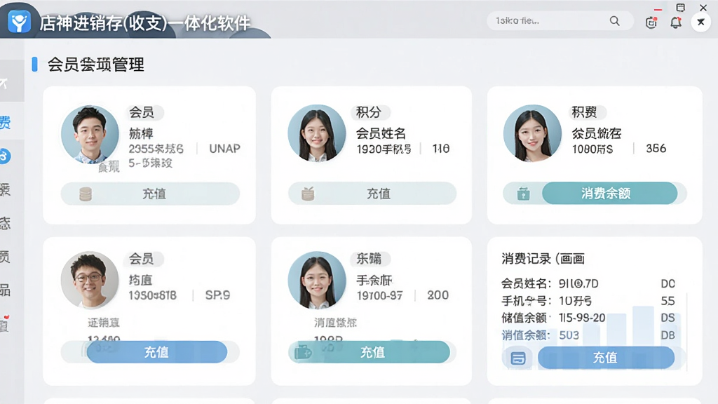 主体:店神进销存(收支)一体化软件的会员管理界面;布局:卡片式展示会员信息;排版:网格布局,头像清晰;风格:亲切友好;细节:显示会员姓名、手机号、积分、储值余额,有充值按钮和消费记录入口;画质:高清,干净,无多余元素