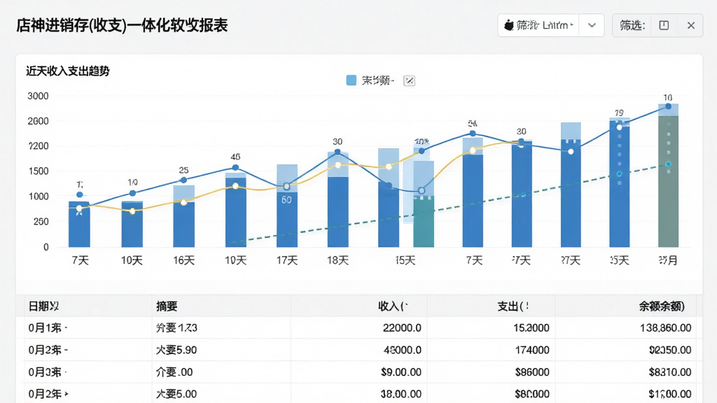主体:店神进销存(收支)一体化软件的收支报表页面;布局:图表结合表格,上方柱状图,下方流水明细;排版:数据可视化,重点突出;风格:商务简约;细节:图表展示近7天收入支出趋势,表格列出日期、摘要、收入、支出、余额字段,顶部有筛选条件;画质:高清,干净,无多余元素