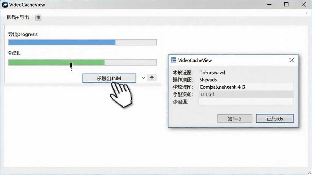 VideoCacheView一键导出操作演示,主体为软件操作界面,布局显示鼠标点击保存按钮,排版直观,风格写实,细节展示导出进度条和文件保存对话框,画质清晰,干净无多余元素