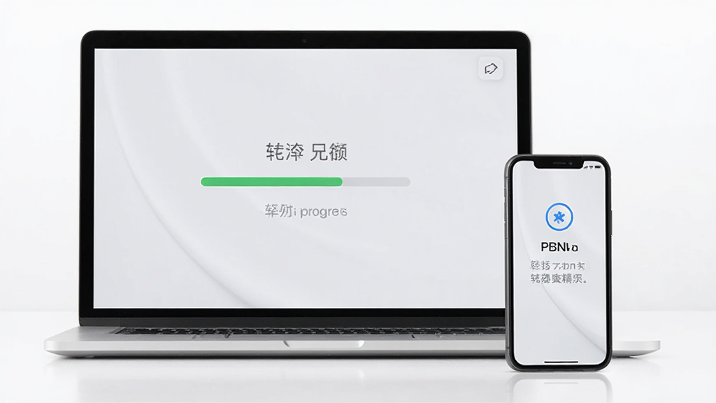 iPhone转换精灵使用场景插图,一台笔记本电脑与一部iPhone放在桌上,屏幕上显示转换进度,操作提示信息,整体明亮简洁,干净背景,高画质