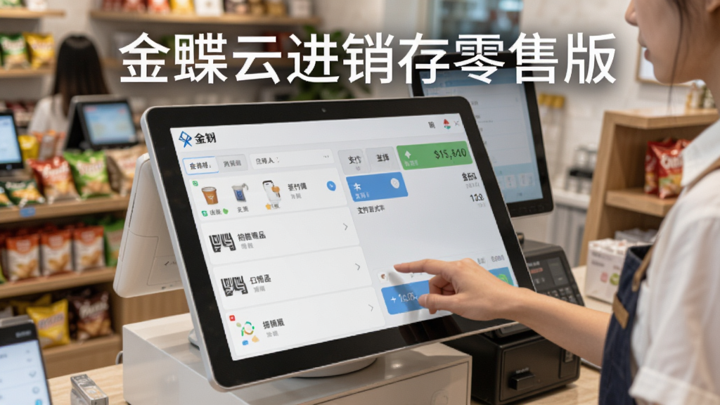 金蝶云进销存零售版收银台操作界面,显示扫码商品列表、支付方式选择区、金额汇总栏,收银员正在操作触摸屏,店铺环境真实,图片风格写实,重点突出“金蝶云进销存零售版”字样,干净明亮