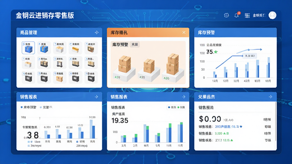 金蝶云进销存零售版主界面预览图,展示商品管理、库存预警、销售报表等核心功能模块,界面采用蓝色科技感设计,数据看板清晰直观,整体风格简洁明亮,高质量渲染,干净无多余元素