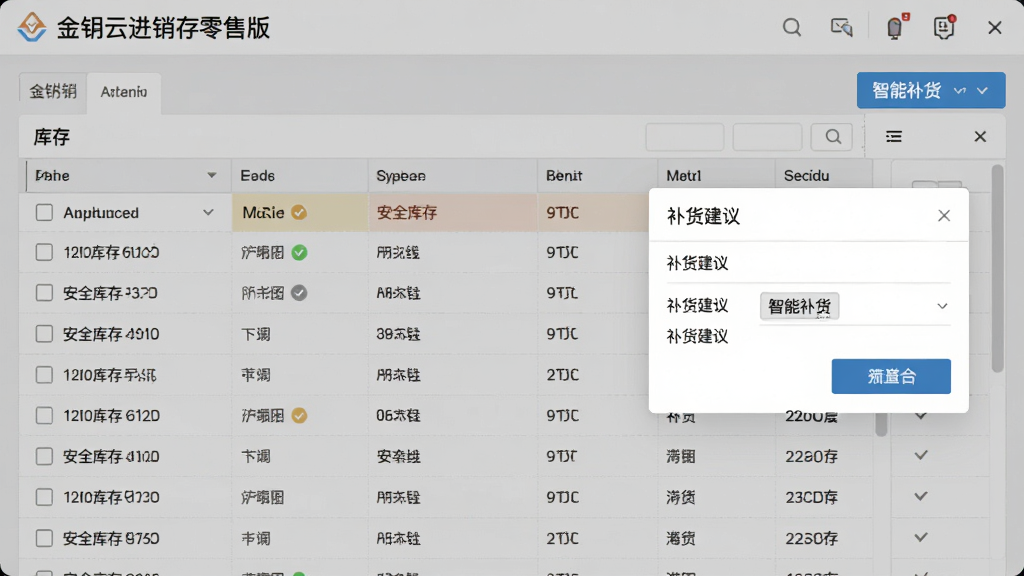 金蝶云进销存零售版库存管理界面截图,展示库存列表、安全库存预警线、补货建议弹窗,数据表格清晰,背景为浅灰色商务风格,文字标注“智能补货”,画质干净无多余元素