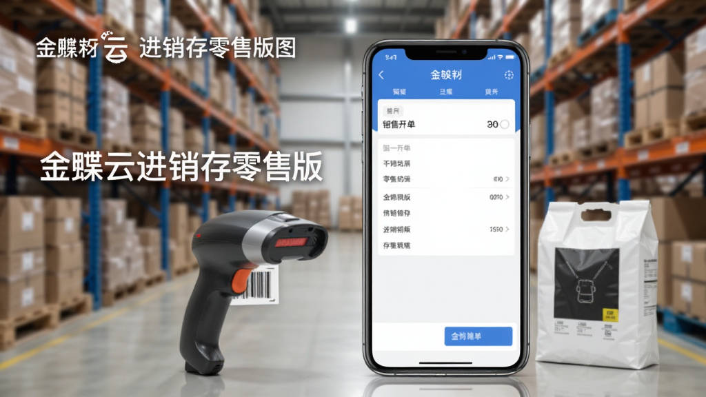 金蝶云进销存零售版移动端操作演示图,手机界面展示销售开单页面,手机旁边放着扫码枪和商品,背景为仓库货架,图片写实风格,突出移动办公便捷性,文字标注“金蝶云进销存零售版”,画质清晰干净