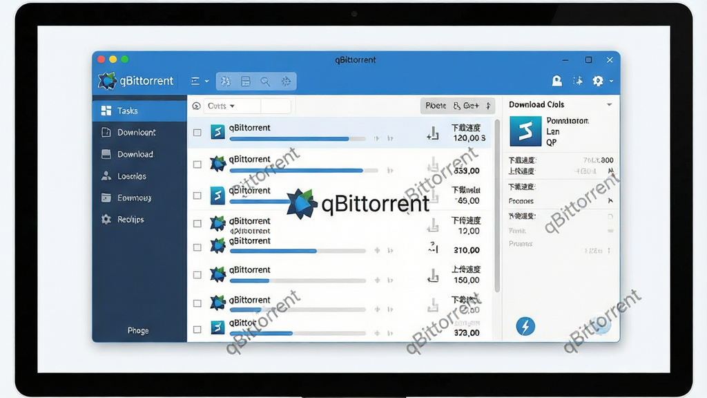 主体:一款名为“qBittorrent”的下载软件界面,在电脑屏幕上显示,界面风格简洁现代。布局:画面中央是软件主窗口,展示着正在下载的任务列表,进度条清晰可见,旁边有种子文件信息面板。排版:左侧是功能导航栏,右侧为主要内容区,整体布局合理,一目了然。风格:扁平化设计,色彩以蓝白为主,科技感十足。细节:任务列表中文件名旁有“qBittorrent”的Logo水印,界面文字清晰显示“下载速度”、“上传速度”等字样,画质:高清,干净,无多余元素。