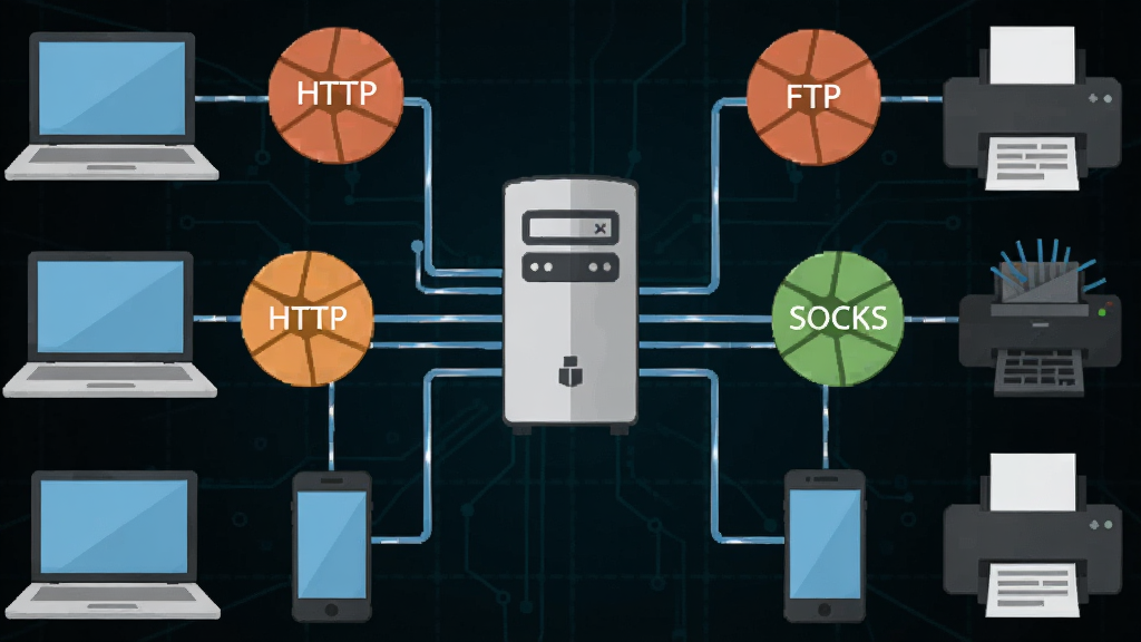 一幅WinGate软件功能示意图,中心是服务器图标,周围环绕着HTTP、FTP、SOCKS等协议标识,通过线条连接到笔记本电脑、手机、打印机等终端设备,背景为深色科技感网格,排版错落有致,风格扁平化,细节丰富,画质干净,无多余元素