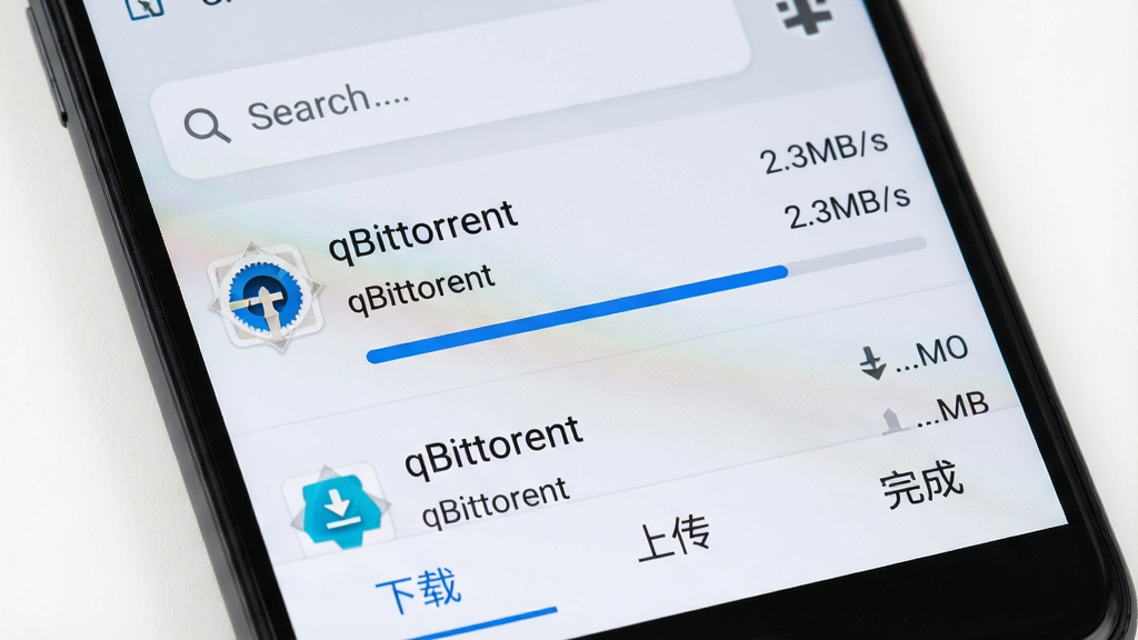 主体:一部智能手机屏幕特写,屏幕上显示着qBittorrent安卓版的应用界面。布局:界面顶部是搜索栏,下方是下载任务列表,其中一个任务正在下载,进度条为蓝色。排版:列表项清晰,底部有“下载”、“上传”、“完成”三个标签页。风格:简洁的移动端UI设计,背景为浅灰色。细节:任务名称旁有“qBittorrent”字样,下载速度显示为“2.3MB/s”,画质:高清,干净,无多余元素。