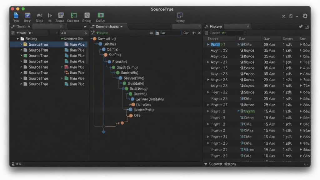 SourceTree 软件主界面预览图,展示其清晰的仓库列表、分支图谱和提交历史面板,现代简约的深色主题风格,界面布局规整,图标精致,高分辨率,画质干净,无多余元素