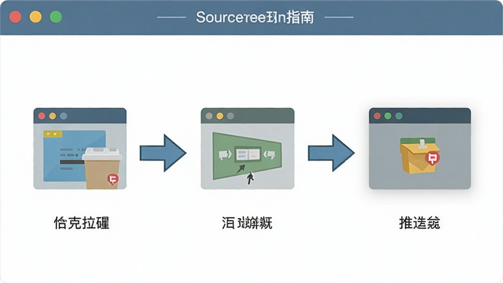 SourceTree 使用指南操作示意图,展示克隆仓库、提交、推送的流程,简洁扁平化设计,配以箭头指示,高分辨率,画质干净,无多余元素