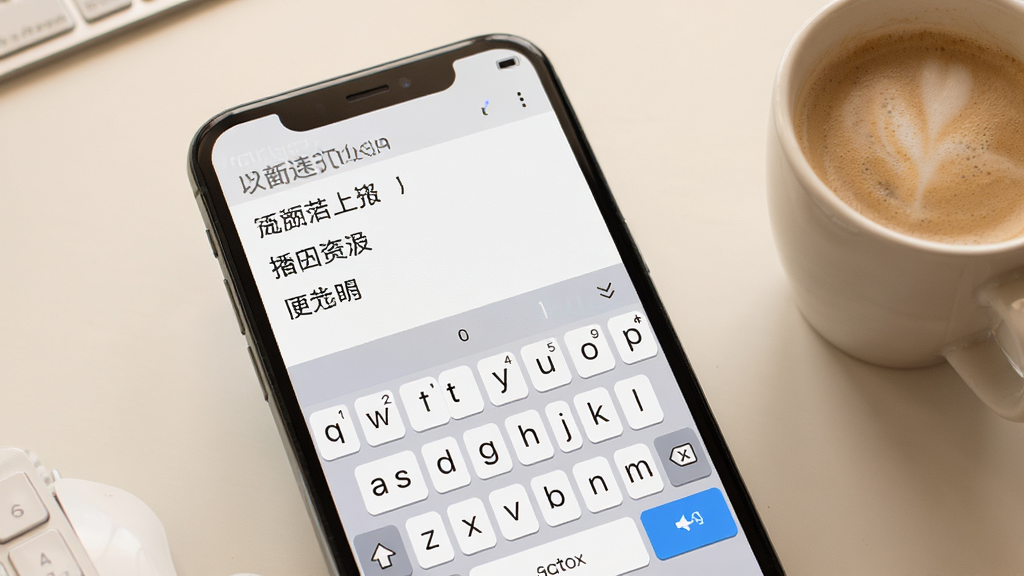 速打软件在手机上的使用截图,屏幕显示虚拟键盘及候选词条,背景为干净的浅色桌面,旁边摆放着一杯咖啡,整体画面温馨实用,画质高清,无多余元素