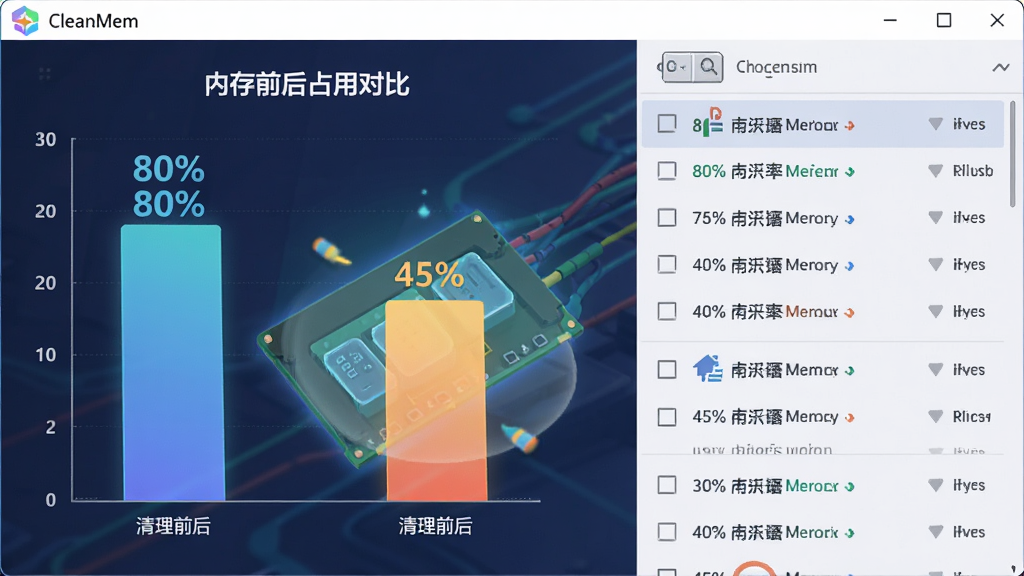 主体:CleanMem软件后台运行示意图,显示内存条被温柔整理;布局:左侧为清理前后内存占用对比柱状图,右侧为进程列表;排版:图表色彩鲜艳,数据标注清晰;风格:插画风结合科技感;细节:内存占用率从80%降至45%,进程名称清晰可见;画质:高分辨率,干净,无多余元素