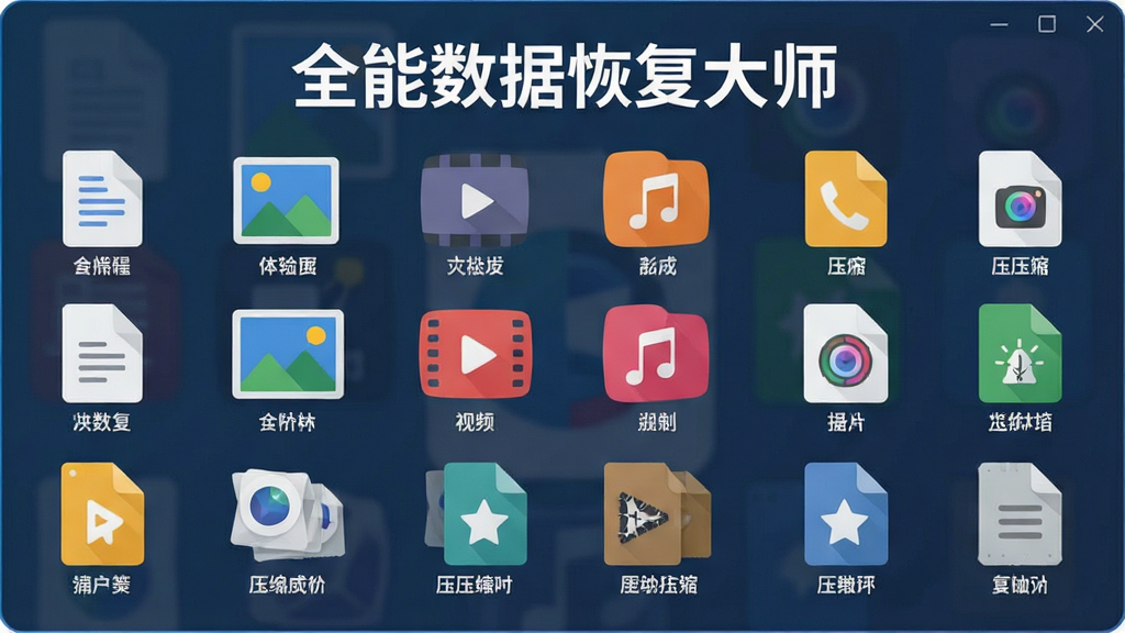 一张文件类型展示图,主体为“全能数据恢复大师”支持的文件格式图标墙,包括文档、图片、视频、音频、压缩包等图标,整齐排列在屏幕中央,布局均衡,扁平化图标风格,色彩丰富但不杂乱,细节包含每个图标下方的格式名称小字,画质清晰干净