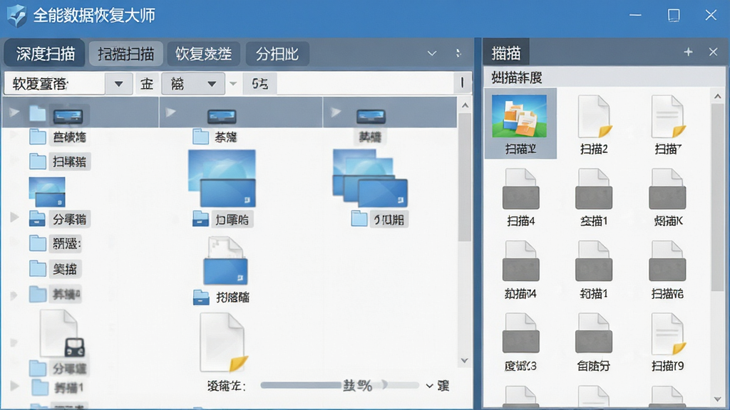 一张软件功能展示图,主体为“全能数据恢复大师”深度扫描界面,左侧显示磁盘分区列表,右侧滚动展示扫描出的文件缩略图,布局清晰,排版规整,扁平化UI风格,蓝灰配色,细节包括文件类型筛选标签与扫描进度百分比,画质干净无多余元素