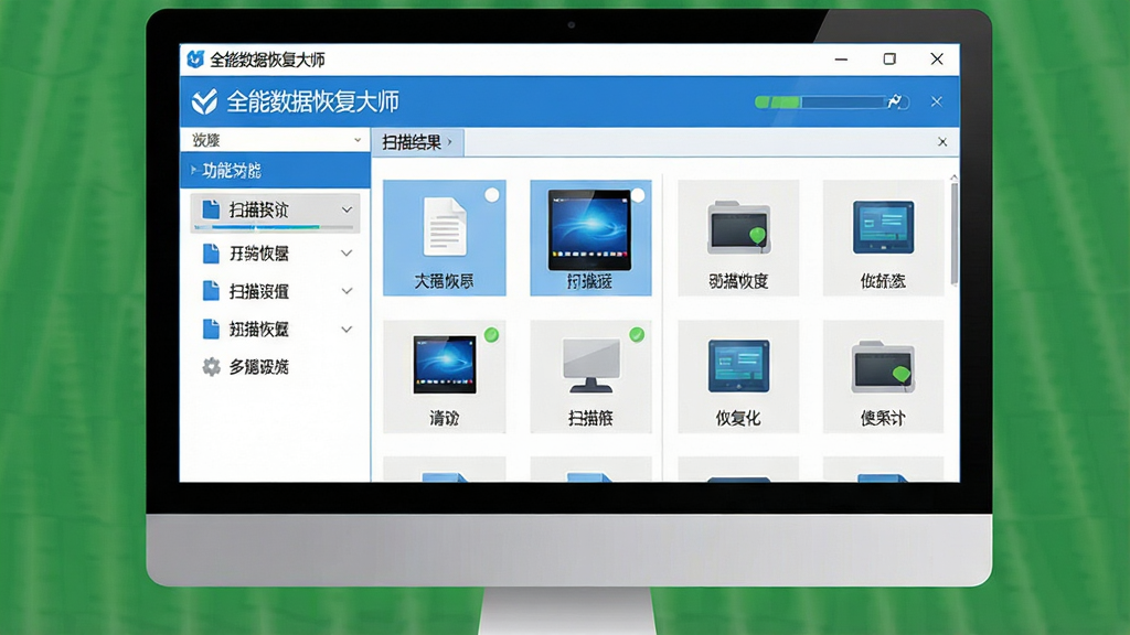 一张高清产品主视觉图,主体为电脑屏幕中显示“全能数据恢复大师”主界面,界面左侧为功能列表,右侧为扫描结果缩略图,整体布局居中,扁平化设计风格,色彩以蓝色与白色为主,细节包含文件类型图标与进度条,画质清晰干净,无多余元素