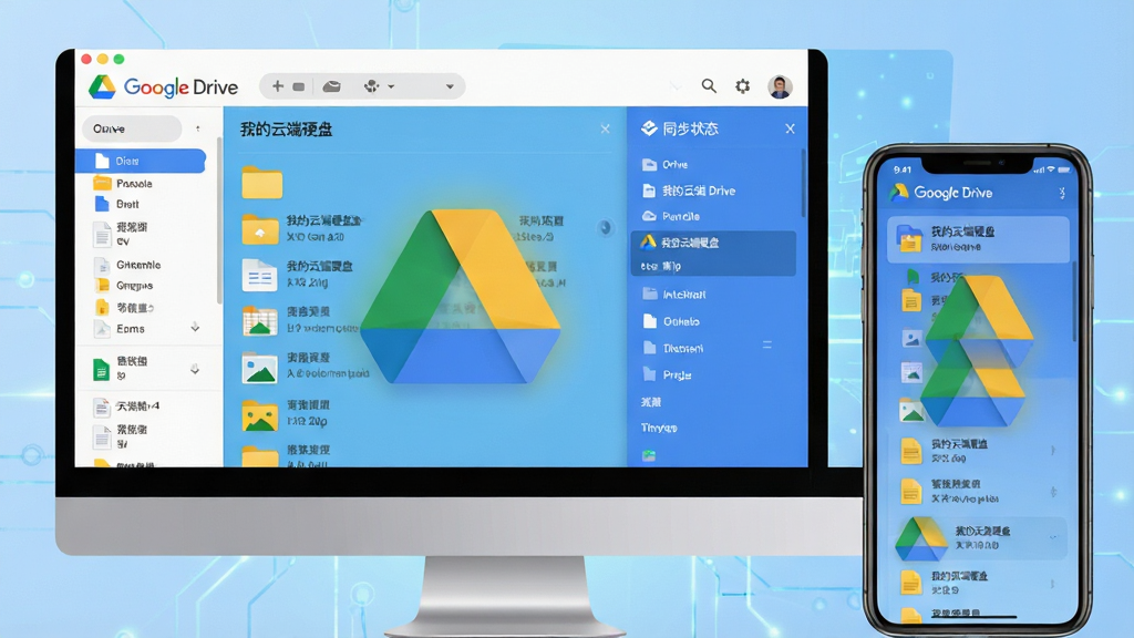 主体:Google Drive软件主界面展示,电脑屏幕与手机屏幕并排显示,云端文件夹图标醒目。布局:左侧为文件列表,右侧为同步状态面板,背景为淡蓝色科技感渐变。排版:界面整洁,图标排列有序,突出“Google Drive”Logo。风格:现代扁平化设计,色彩明亮。细节:屏幕中显示“我的云端硬盘”字样,文件类型包含文档、表格、图片。画质:高清,干净,无多余元素。
