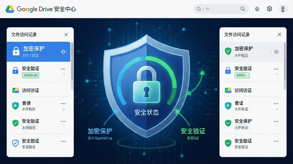 主体:Google Drive安全中心界面,盾牌图标与加密锁元素。布局:中央为安全状态仪表盘,两侧分布文件访问记录。排版:信息层级分明,使用蓝色与绿色强调安全等级。风格:科技感与专业感并重。细节:画面中出现“加密保护”、“安全验证”文字。画质:高清,干净,无多余元素。
