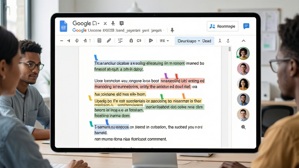 主体:多人协作编辑Google Docs文档界面,多色光标闪烁。布局:文档居中,右侧显示协作者头像列表。排版:文字段落清晰,高亮不同用户的修改。风格:现代办公场景,界面友好。细节:出现“实时协作”、“评论”功能图标。画质:高清,干净,无多余元素。