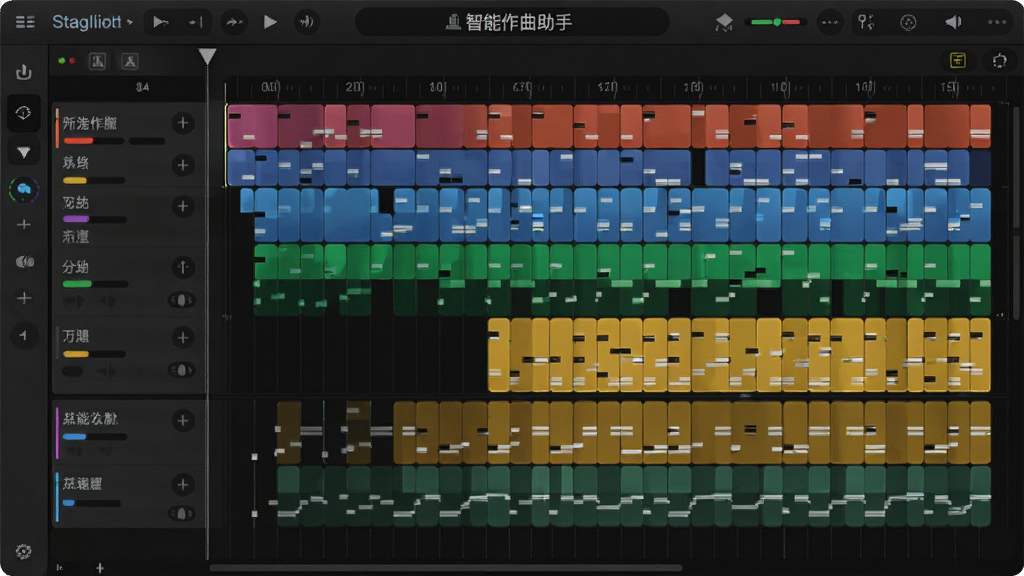 Stagelight智能作曲助手界面,显示自动生成的和弦与鼓点轨道,彩色音符块排列,时间轴清晰,现代音乐软件风格,高画质,干净整洁,无多余元素