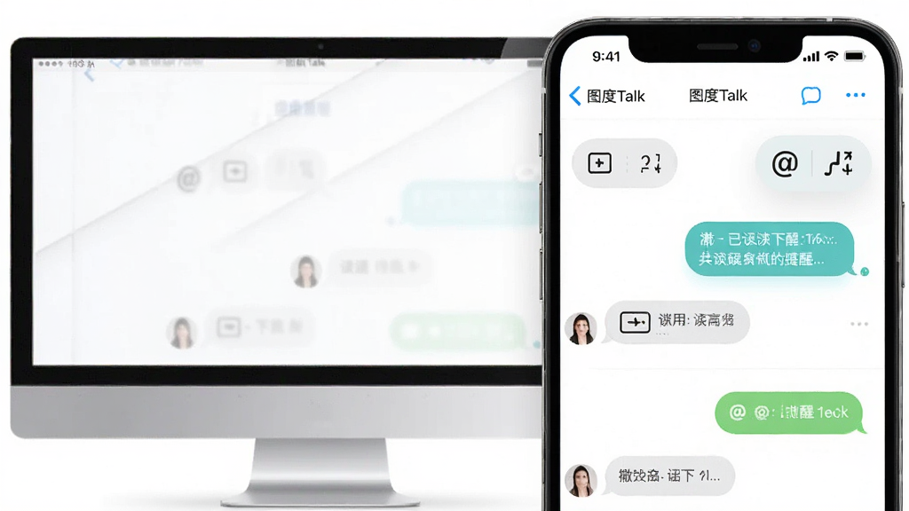 功能截图:手机与电脑并排展示“图度Talk”消息列表,突出已读回执、@提醒图标,气泡对话上方有撤回和引用按钮,画面明亮,UI精致,高画质,干净无多余元素