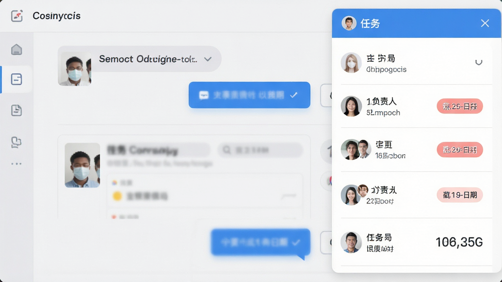 功能截图:对话界面右侧弹出任务面板,展示任务列表、负责人头像、截止日期标签,画风清爽,以浅灰色和蓝色为主,高画质,干净无多余元素