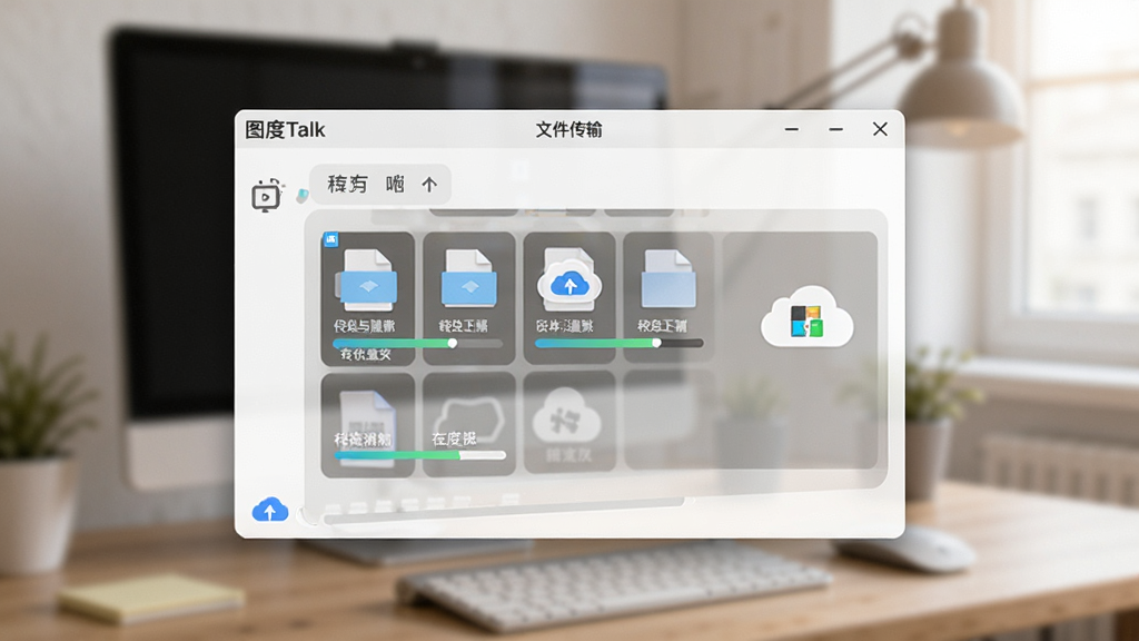 功能展示:电脑端“图度Talk”文件传输窗口,拖拽多个文件到对话框,显示传输进度条和云端存储图标,背景为模糊的办公桌面,风格写实,色彩柔和,高画质,干净无多余元素
