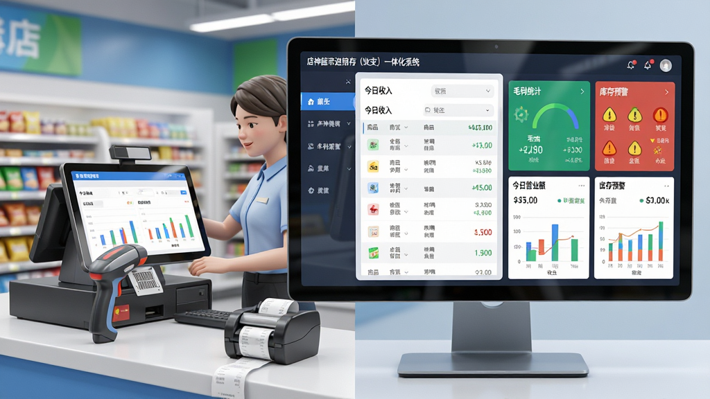 主体:一个现代化的超市收银台与后台数据看板同屏展示,收银员正在扫码结账,电脑屏幕上清晰显示“店神超市进销存(收支)一体化系统”的软件主界面,界面包含商品列表、库存数量、今日营业额与收支图表。布局:左侧为软件功能导航栏,右侧为彩色数据仪表盘,整体画面层次分明。排版:采用左右分屏式构图,左侧实体超市场景,右侧软件界面特写。风格:科技感与商业感结合,明亮通透的色调,写实3D渲染风格。细节:收银台上有扫码枪、小票打印机,软件界面中“今日收入”、“毛利统计”、“库存预警”等文字标签清晰可读,屏幕反光自然。画质:8K超高清,细节丰富,干净,无多余元素。