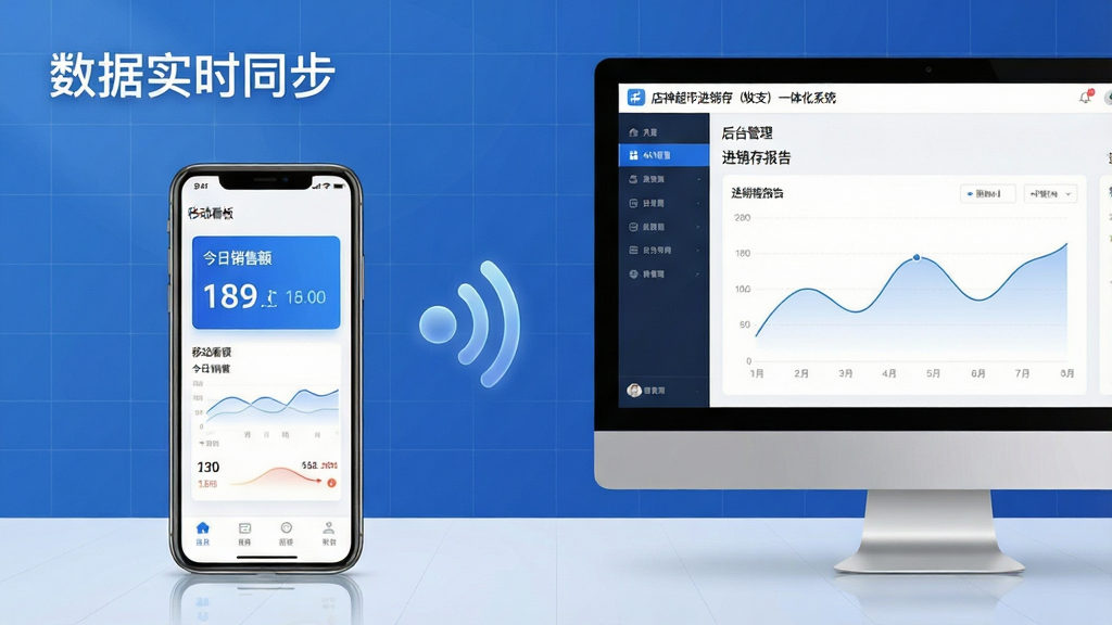 主体:一部智能手机与一台电脑并排摆放,屏幕中均显示“店神超市进销存(收支)一体化系统”的数据同步界面,手机端显示移动看板,电脑端显示后台管理。布局:左右对称构图,中间以无线信号图标连接。排版:简洁的科技感布局,辅以淡淡的网格线背景。风格:现代商务风格,蓝白主色调。细节:手机屏幕上显示“今日销售额”卡片,电脑屏幕显示进销存报表曲线图,画面左上角标注“数据实时同步”字样。画质:4K高清,光影柔和,干净,无多余元素。