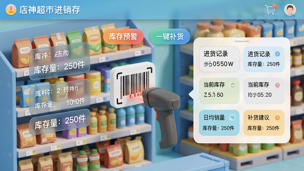主体:店神超市进销存(收支)一体化系统的库存管理界面截图,以3D立体货架为背景,货架上商品与虚拟库存数据叠加显示。布局:中央展示一个商品条码扫描动画,右侧弹出该商品的进货记录、当前库存、日均销量与补货建议卡片。排版:数据卡片整齐排列,采用圆形与圆角矩形元素。风格:扁平化与拟物化结合,色彩清新明快。细节:画面中悬浮着“库存预警”、“一键补货”按钮,数据文字如“库存量:250件”清晰可见,背景的货架商品琳琅满目。画质:高分辨率,渲染平滑,干净,无多余元素。