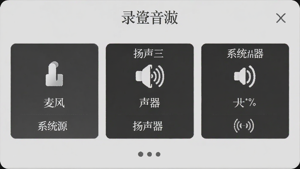 展示录音啦的设备设置面板,包含麦克风、扬声器、系统声音等多个音源选项,界面配有中文标签,设计清晰直观,背景为浅灰色,画质干净
