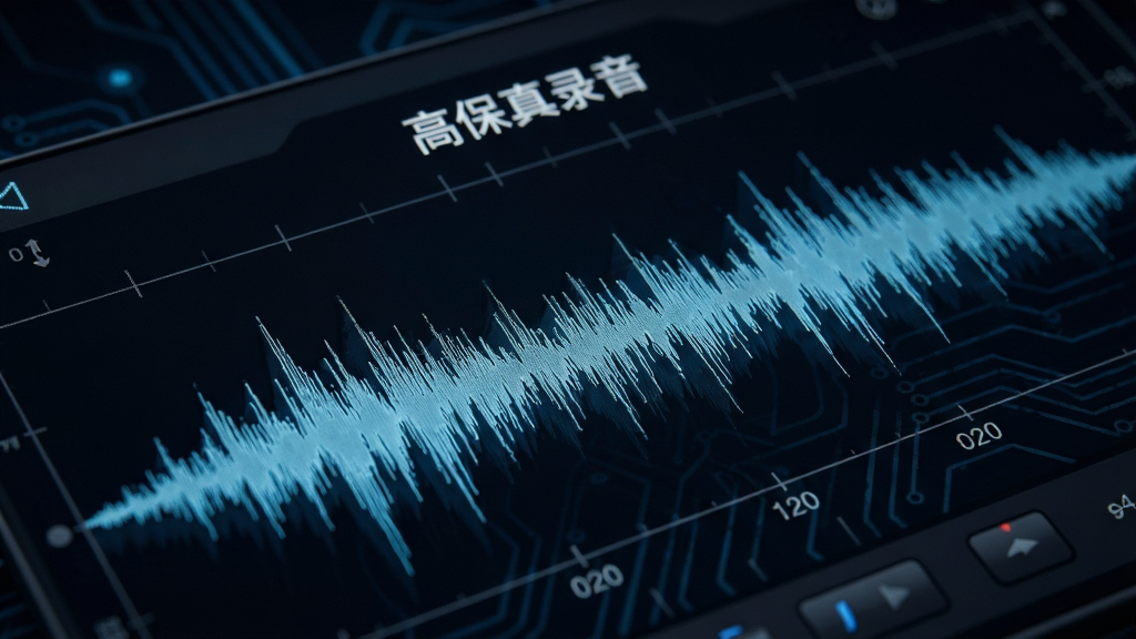 特写录音啦的音频波形界面,显示细腻的立体声波形曲线,背景为深色科技感风格,界面标注“高保真录音”字样,画质细腻,干净整洁