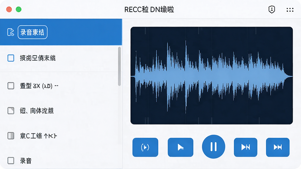 图片展示录音啦主界面,左侧为录音文件列表,右侧为波形显示与控制按钮,整体风格简约现代,色彩以蓝白为主,界面布局清晰,画质高清,干净无多余元素