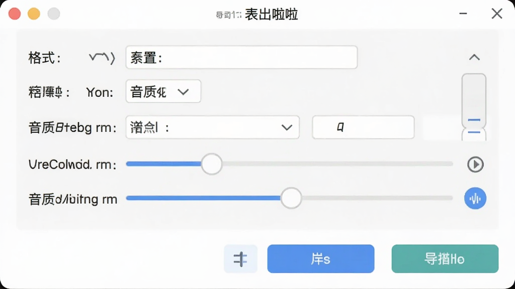 展示录音啦的导出设置窗口,包含格式选择、音质参数调节选项,界面按钮清晰,背景为白色,风格简洁,画质干净
